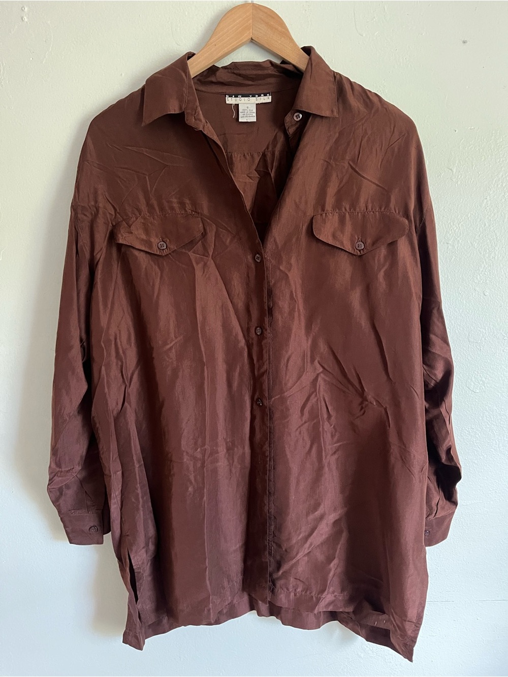 100% silk brown oversized button-down by silk studio